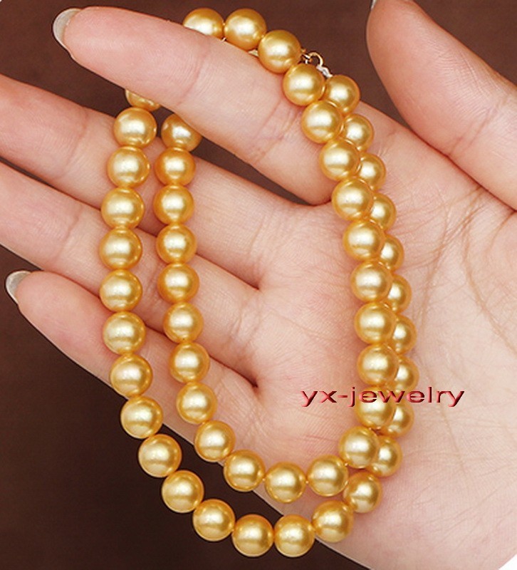 AAAAA round 18″9-10mm REAL natural south sea deep golden pearl necklace 14K gold