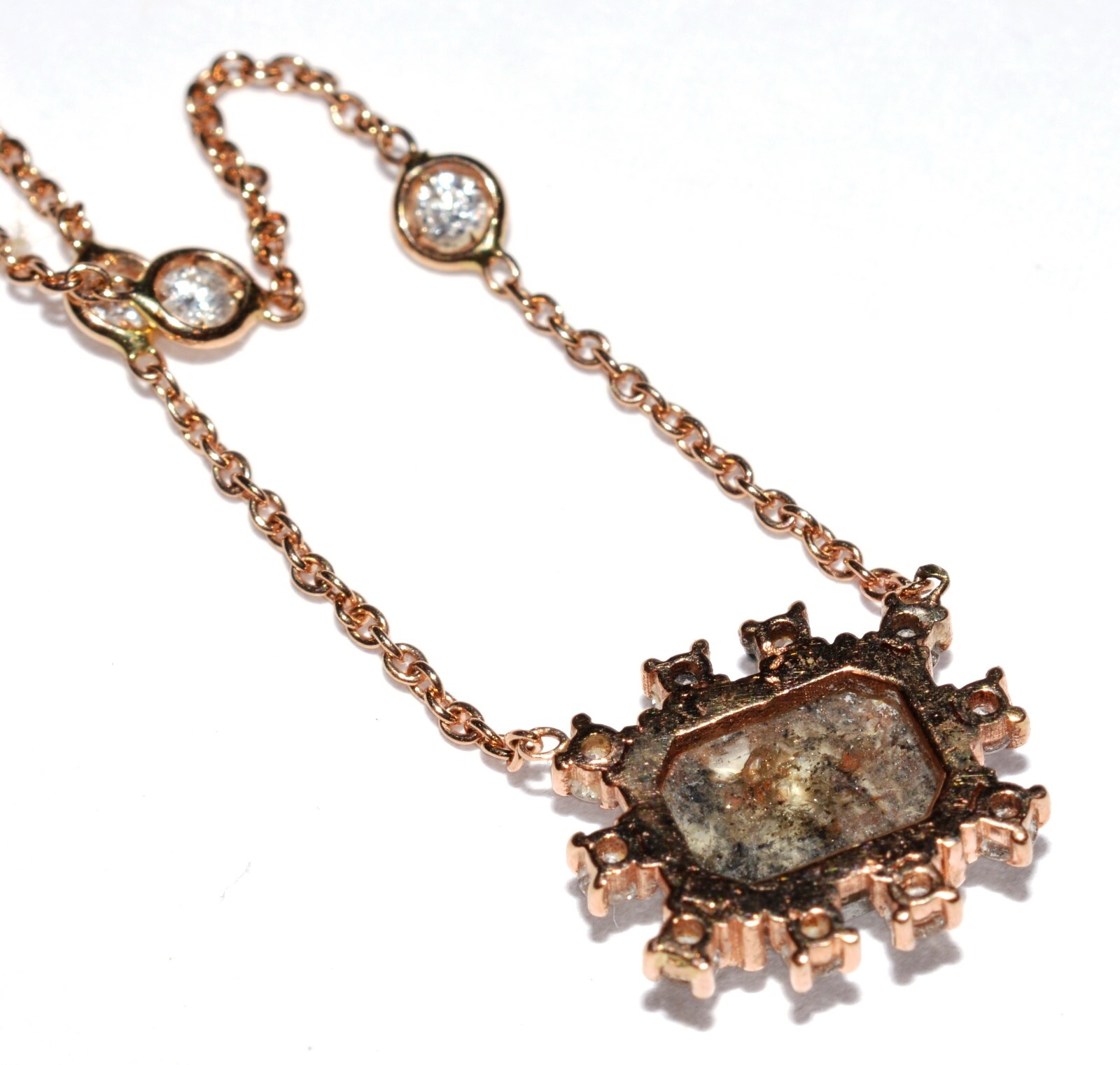 Unique Solid 14k Rose Gold Grey Rose Cut Diamond w White Diamond Accent Necklace