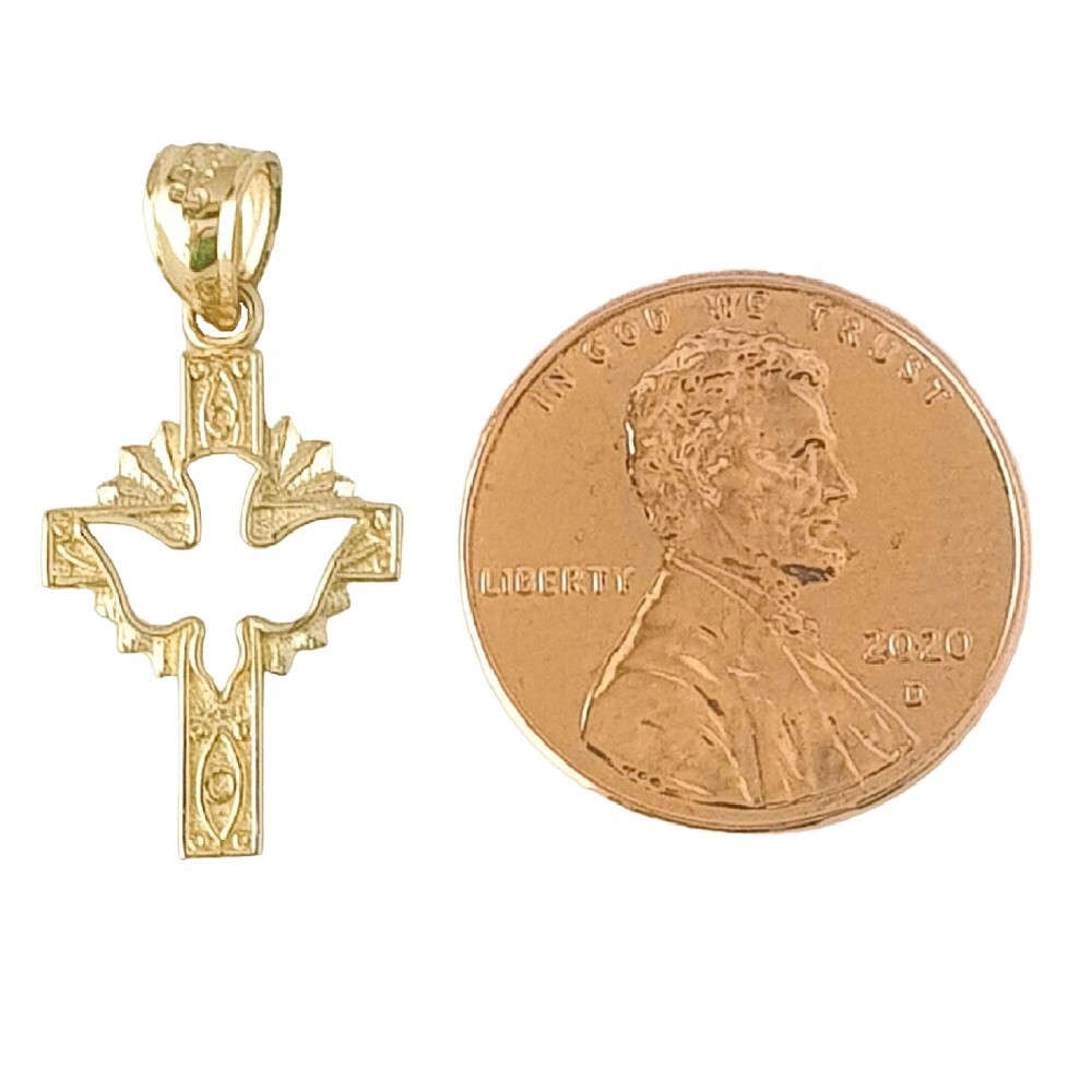 14k Yellow Gold Cross with Holy Dove Pendant / Charm, Made in USA
