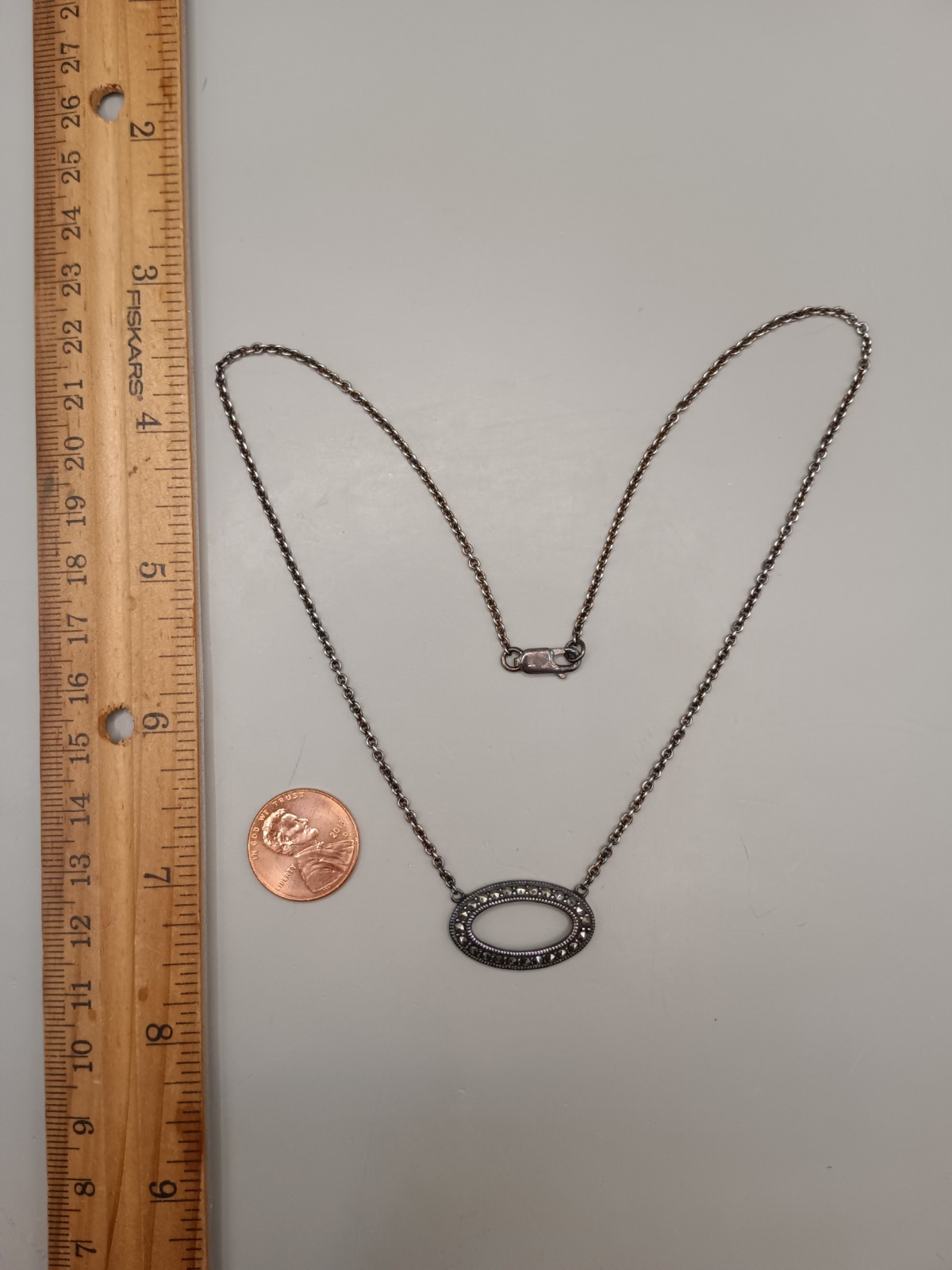 Judith Jack Sterling Silver Marcasite Y Drop Oval Pendant 16.2″