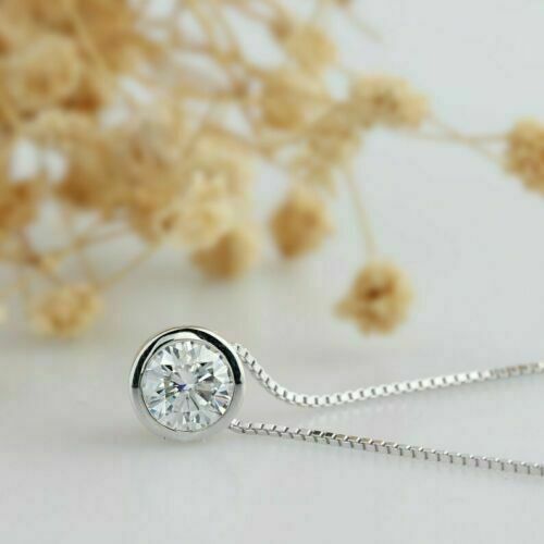 1Ct Round Cut Bezel Set Diamond Solitaire Pendant D VVS1 Solid 10k White Gold GP