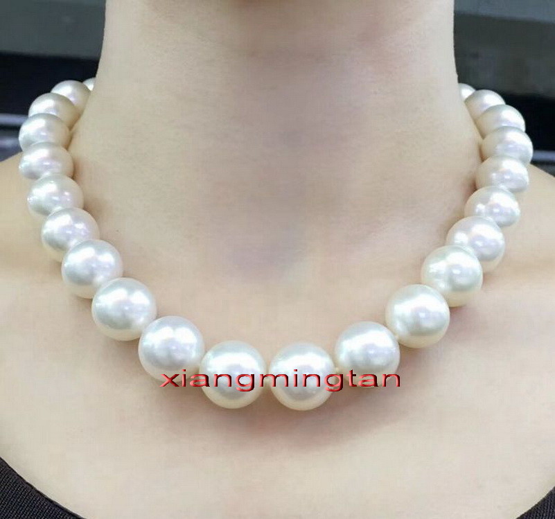 ROUND AAAAA 17″13-15mm real natural south sea WHITE pearl necklace 14K gold