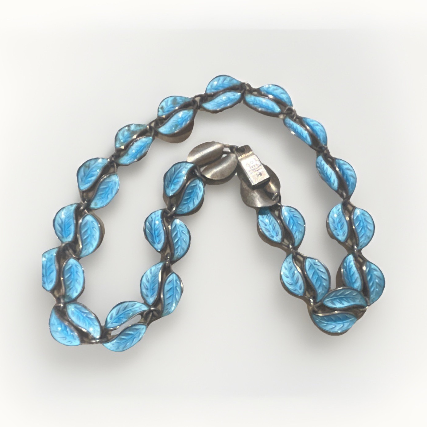 David-Andersen 925 Sterling Silver Blue Enamel Leaf Bar Link Toggle Choker