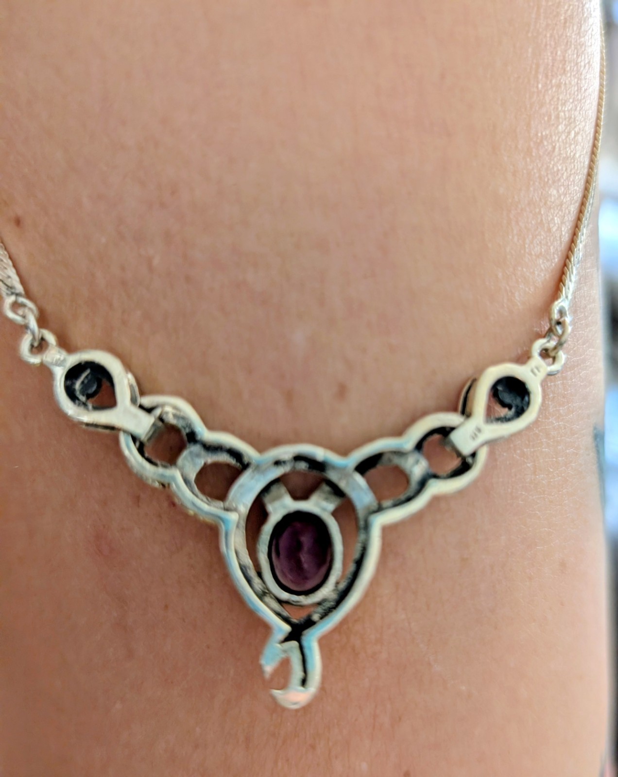 Sterling Silver 925 Purple Natural Oval Amethyst Bezel Pendant 18in Snake