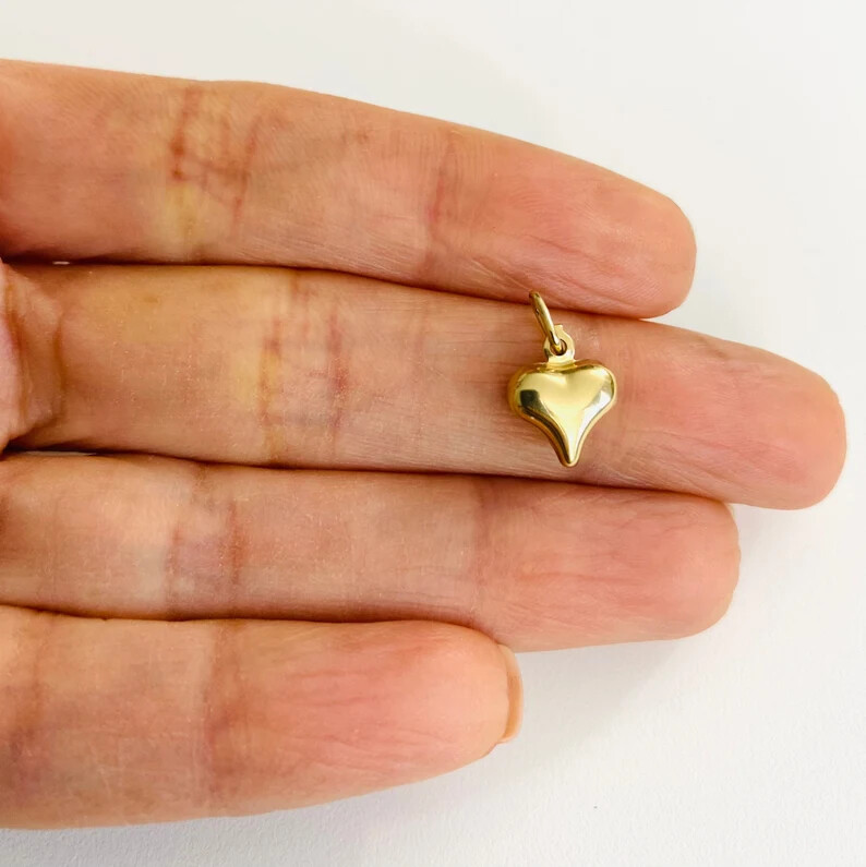 14K Gold Puffy Heart Charm Pendant, 14k Real Solid Gold 3-D Heart Pendant-14KC29