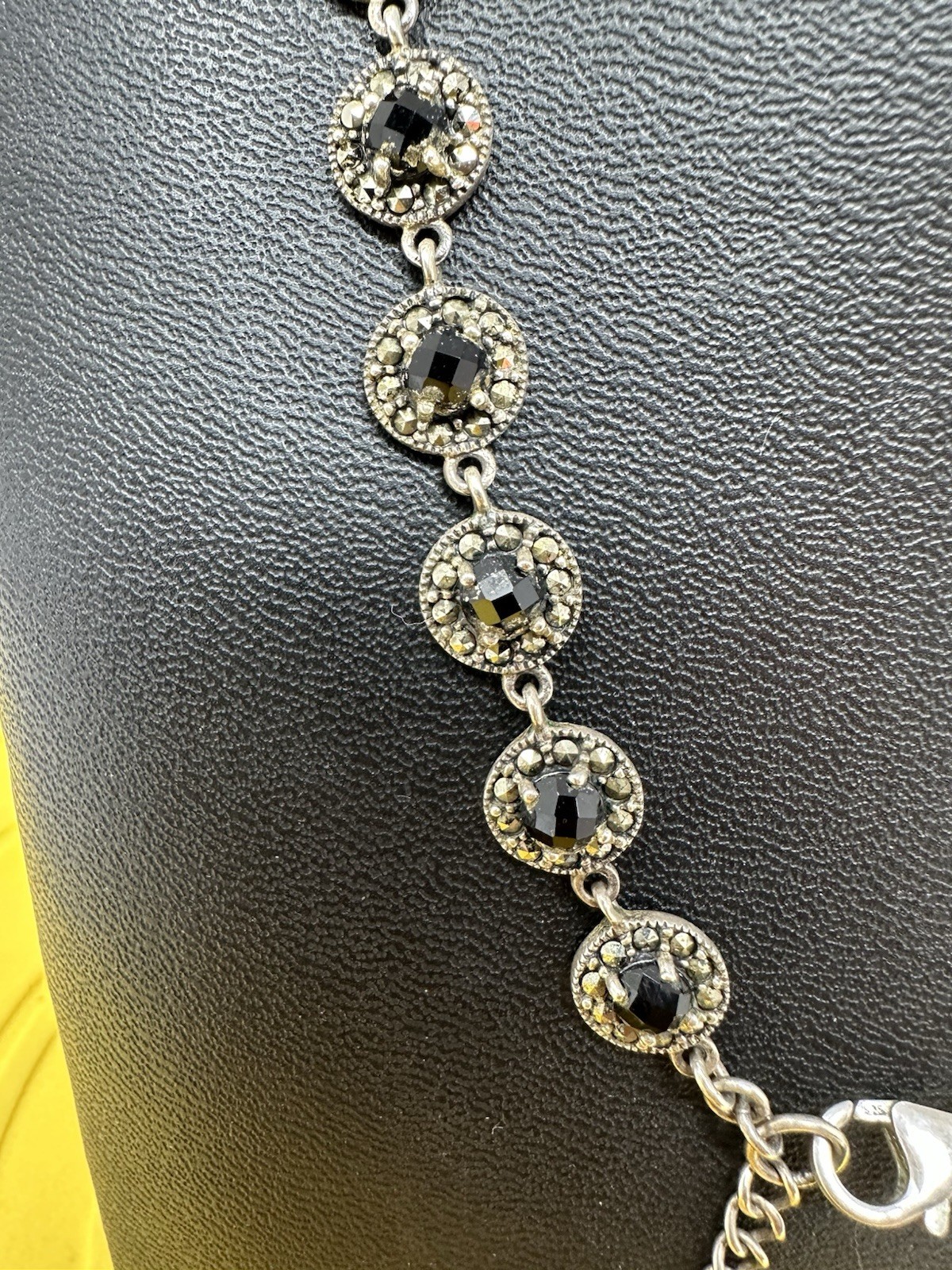 Sterling Silver Onyx & Marcasite Y-Drop Choker Necklace Modern Elegant 47g 17”+