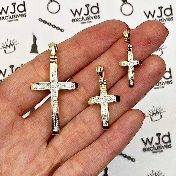 Real Diamond 14K Yellow Gold Pave Cross Pendant 1″-1.6″