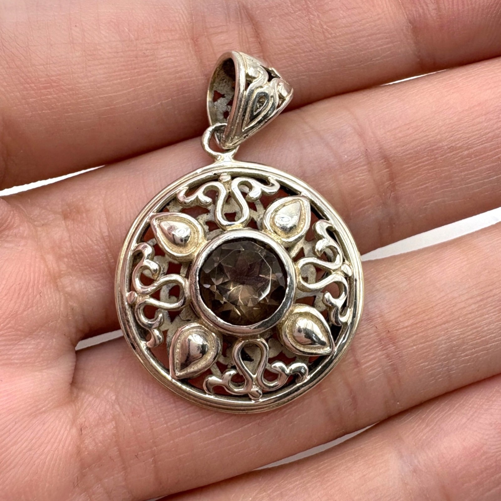 Smoky Quartz Scroll Design Circle Pendant 925 Sterling Silver 1.5″ Length