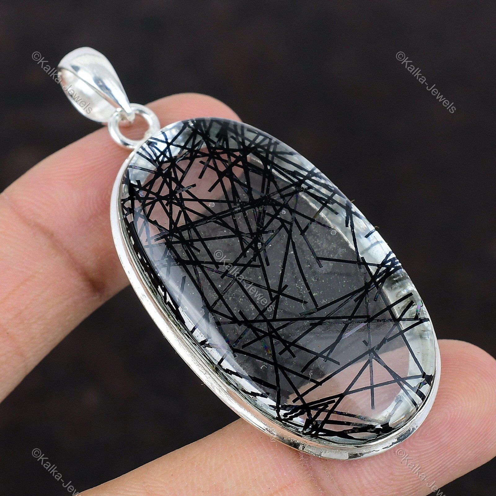Natural Black Rutile Gemstone Pendant 925 Sterling Silver Jewelry For Women