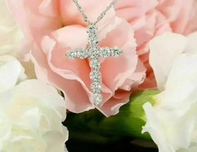 3Ct Round Cut Lab Created Diamond Cross Necklace Pendant 14K White Gold Plated
