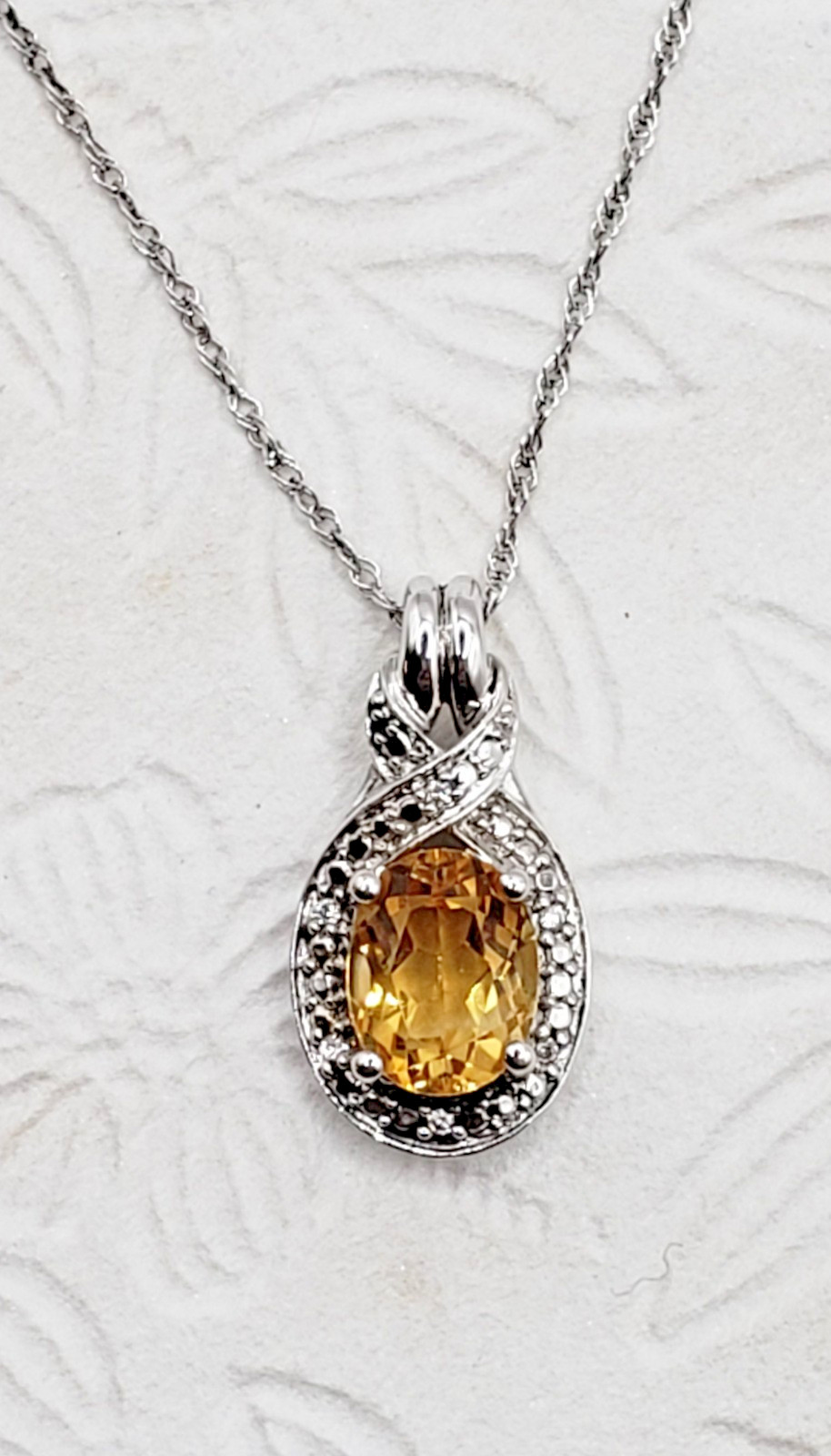 Yellow Oval Citrine & CZ Halo Pave Pendant Necklace 18″ Sterling Silver 925