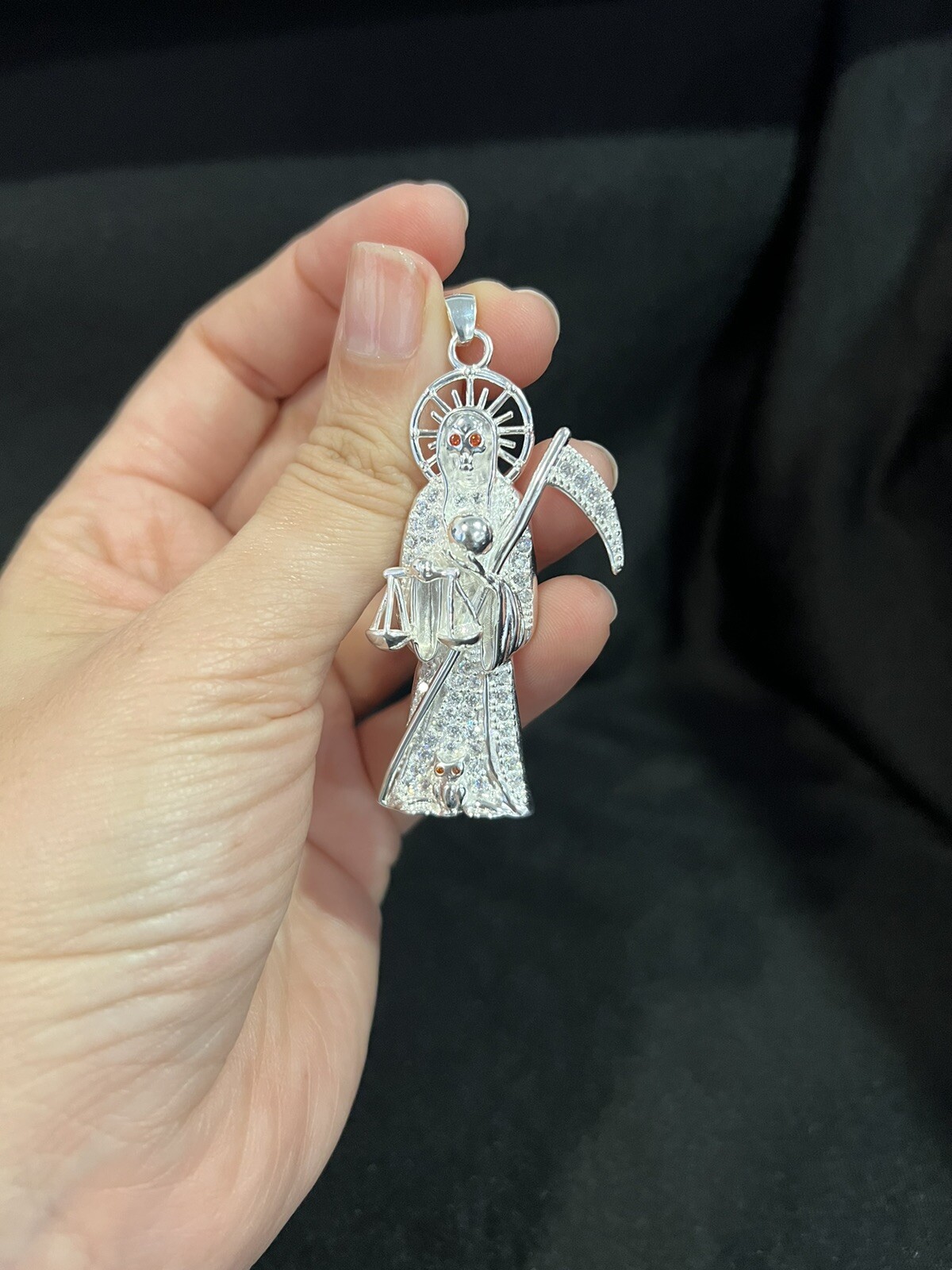 925 Sterling Silver Mens Womens CZ Santa Muerte Grim Reaper Holy Death Pendant