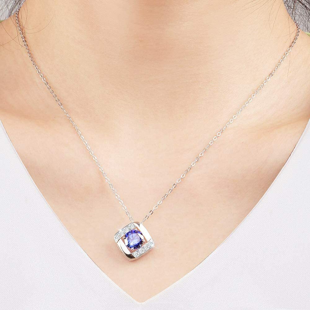 GORGEOUS 14k White Gold Sapphire Pendant Necklace Women Chain Anniversary Plated