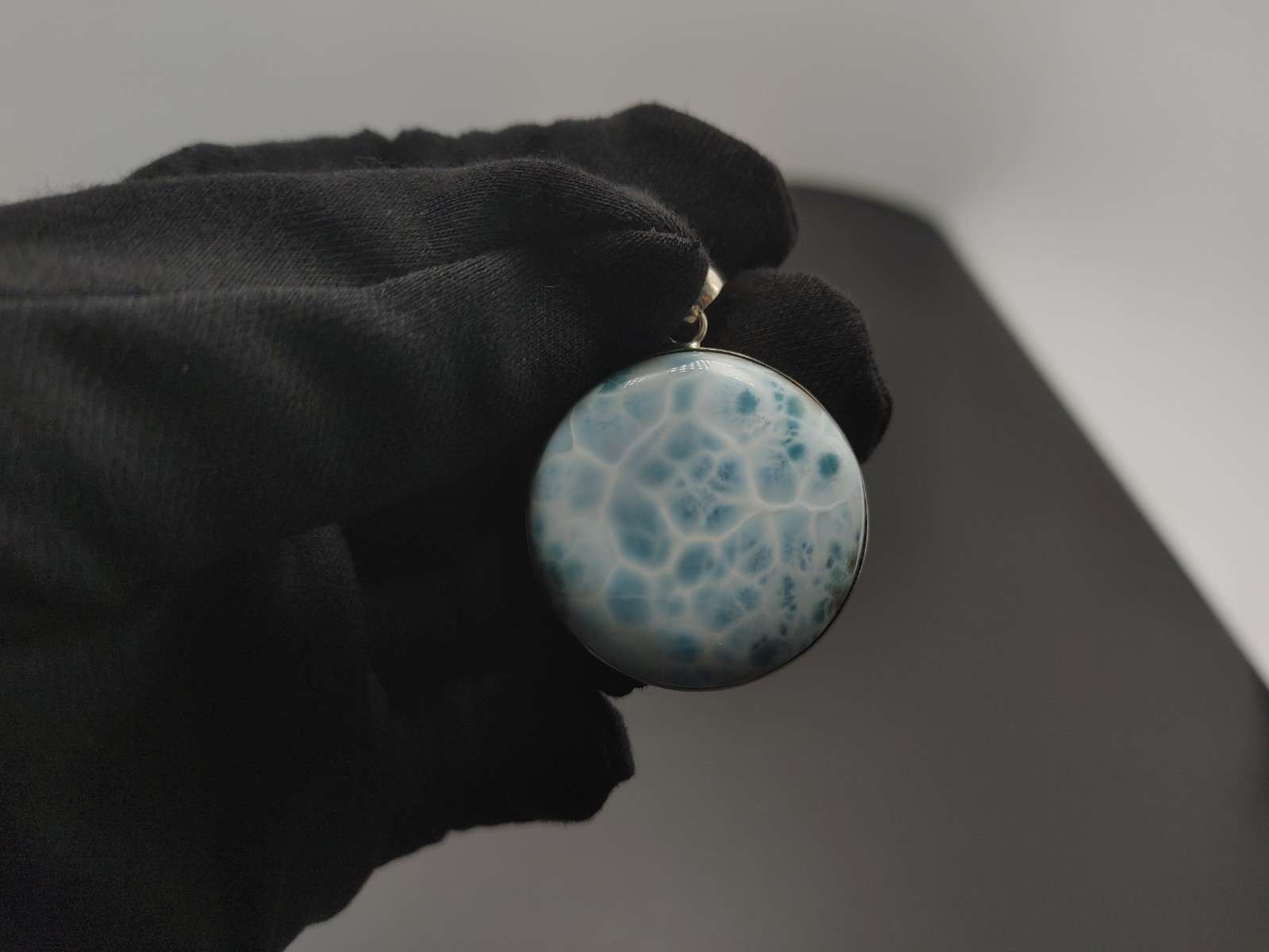 Larimar Circle Pendant- Sterling Silver Setting 23.6 grams