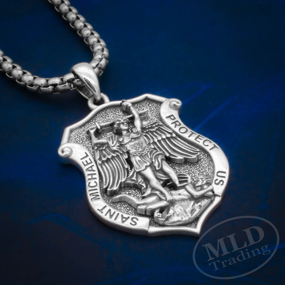 MLD 925 Sterling Silver Saint St Michael Shield Medal Pendant Necklace