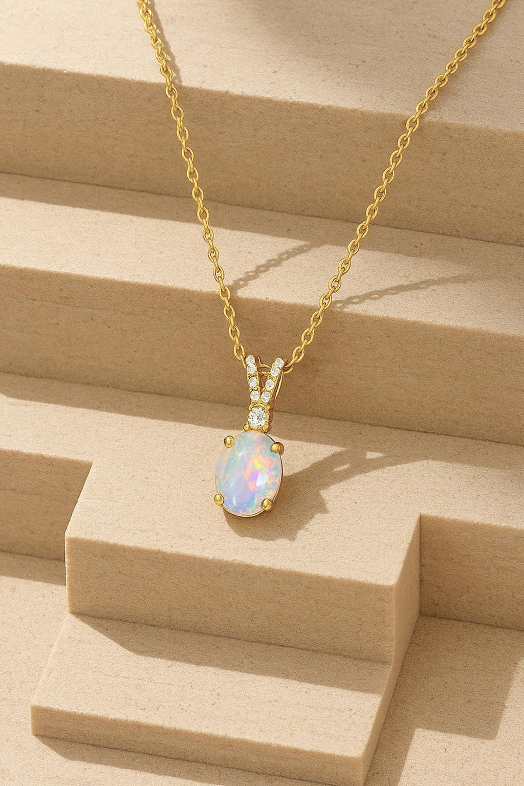 Ethiopian White Opal Gemstone Oval Charm Pendant Necklace, Natural Opal Gemstone