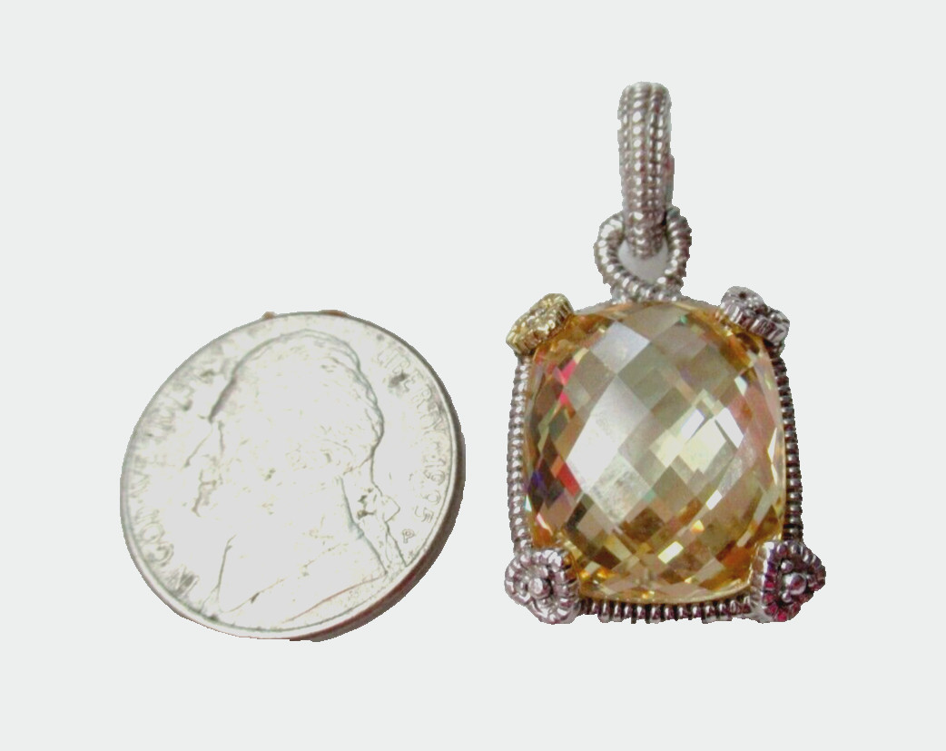 Judith Ripka JR TWO SS & 18K Gold Canary Quartz & Diamond Pendant Enhancer G-Box