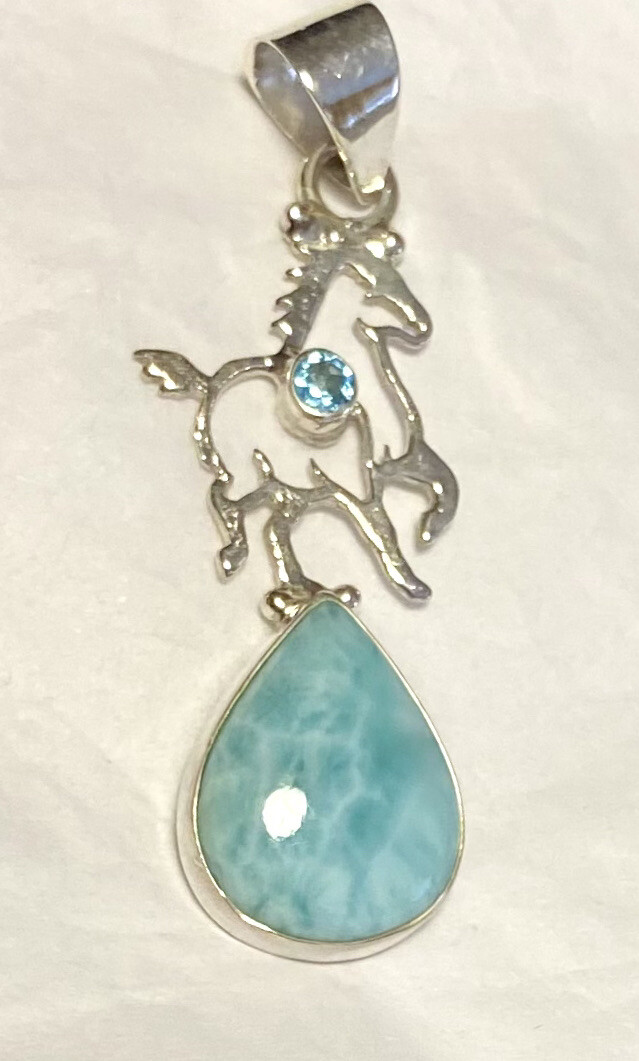 Lovely Larimar & Blue Topaz Horse Pendant 2” 925 Sterling Silver🌹