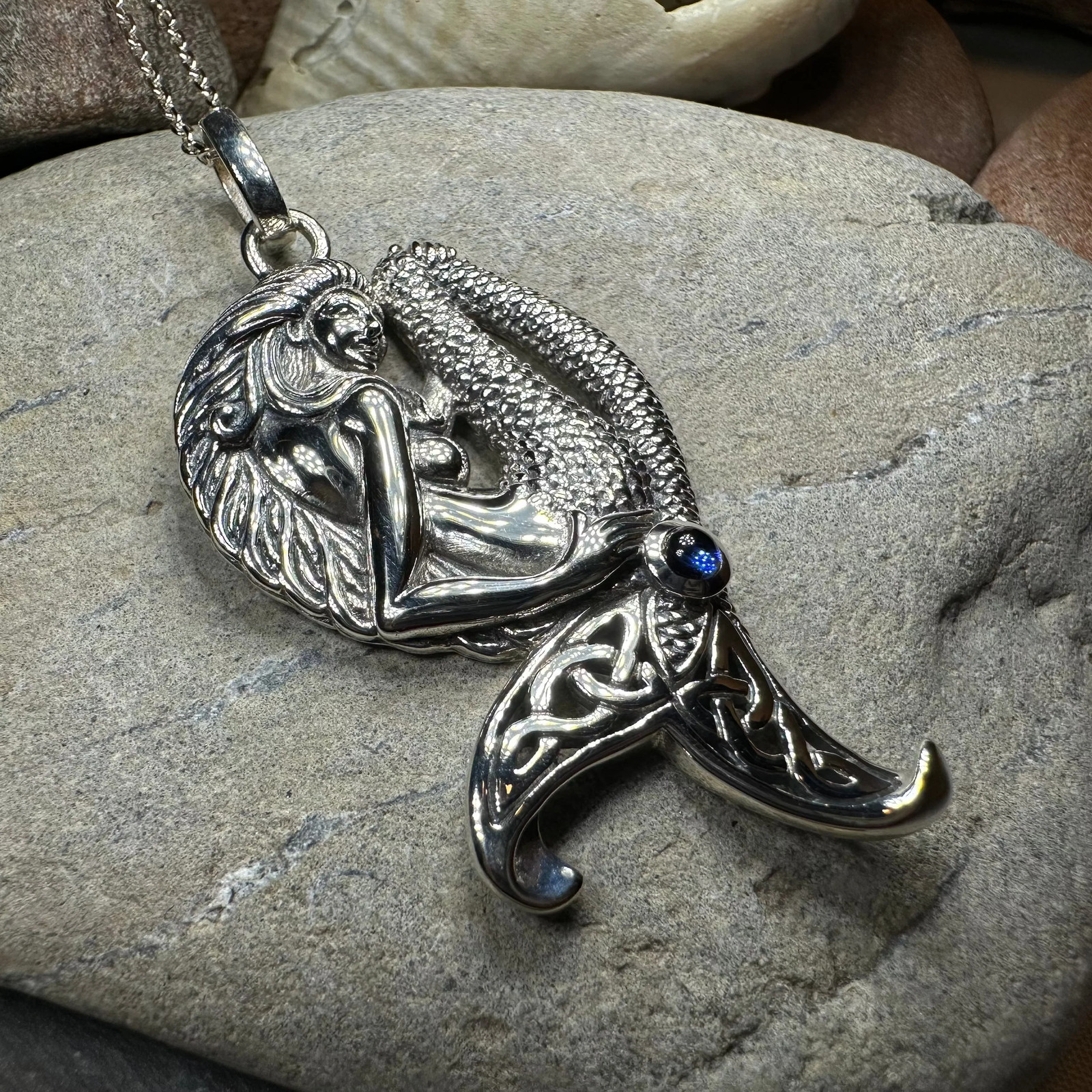 Celtic Mermaid Necklace in Sterling Silver 925 Large Nautical Beach Pendant