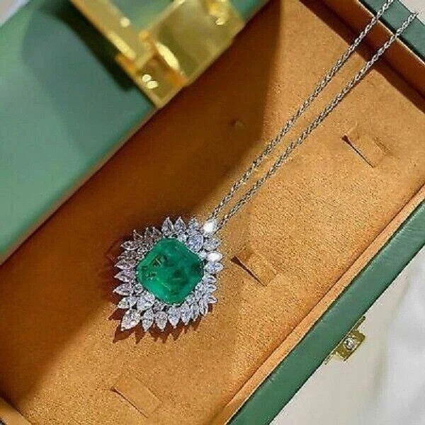 3Ct Asscher Lab Created Emerald Diamond Cluster Pendant 14K White Gold Plated