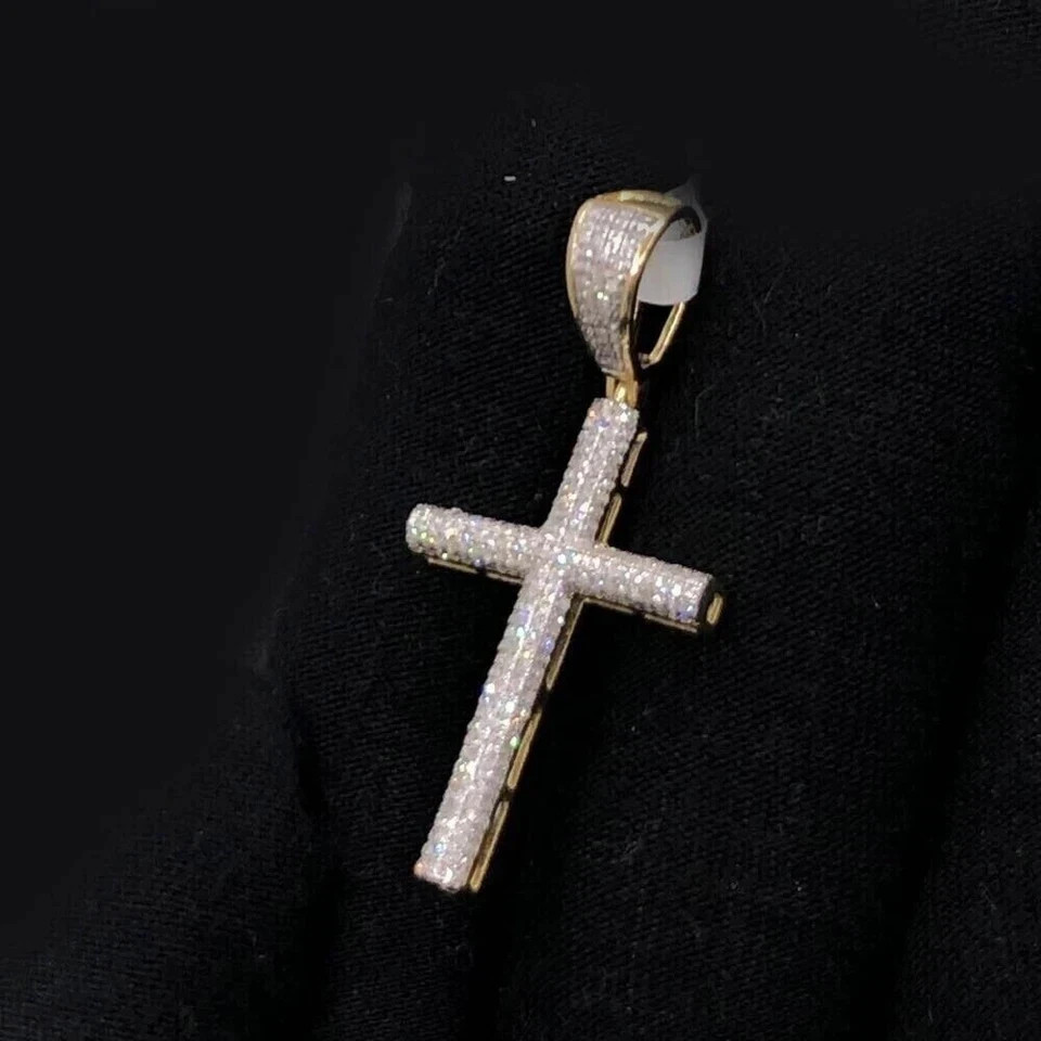 1.50Ct Round Cut Moissanite Cross Men’s Pendant 14k Yellow Gold Plated Silver