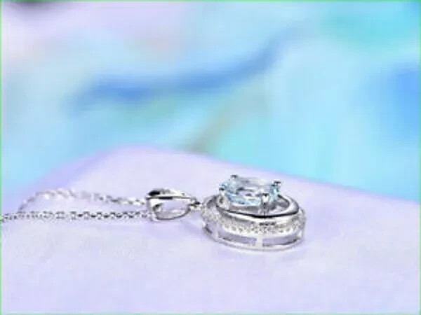 2.00Ct Oval Cut Aquamarine Halo Pendant 14K White Gold Finish 18″ Free Chain