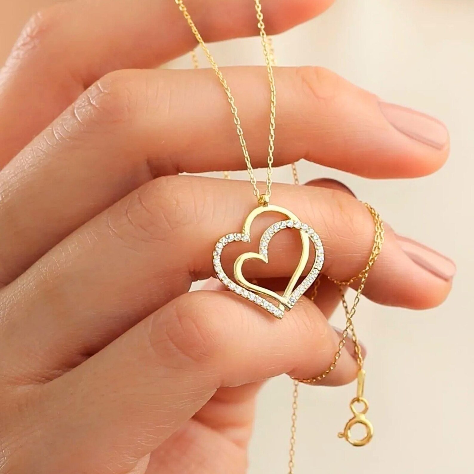 0.60 Ct Round Moissanite Couple Heart Womens Necklace 14K Yellow Gold Plated