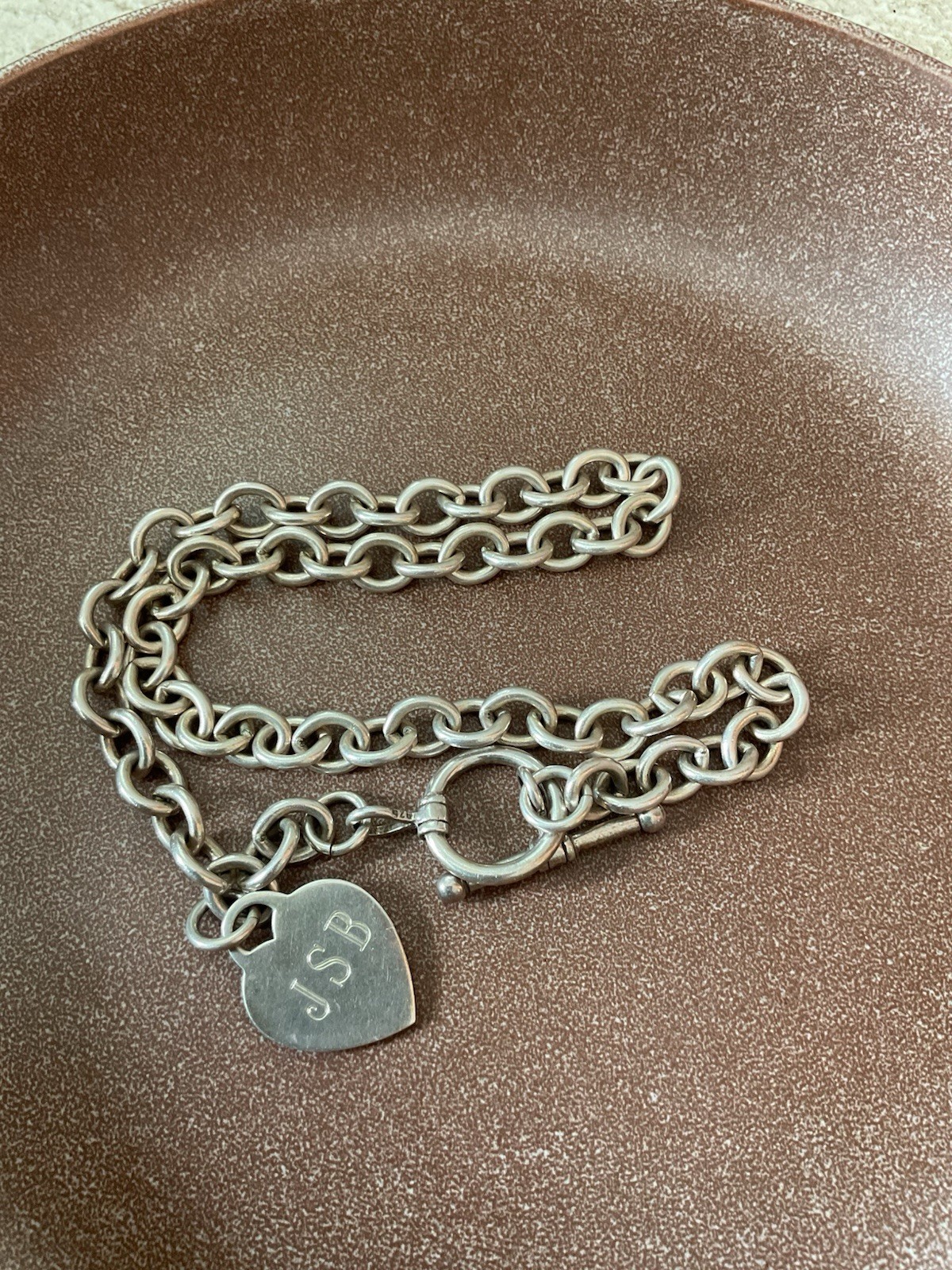 Vtg Heavy Chunky 925 Sterling Silver Heart Charm Toggle Rolo Chain Necklace 18”