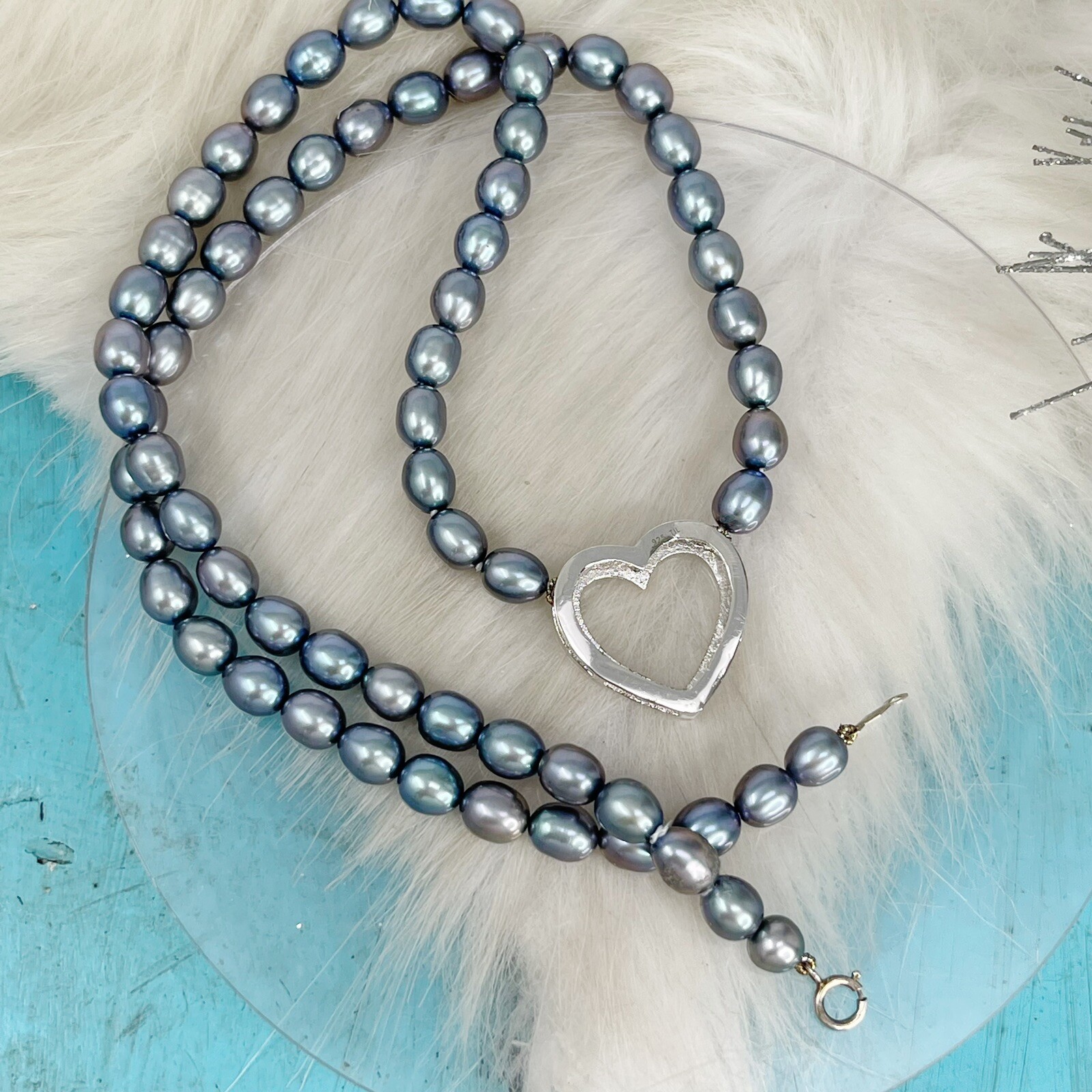 One Diamond Chip Freshwater Pearl Sterling Silver Heart Necklace Choker