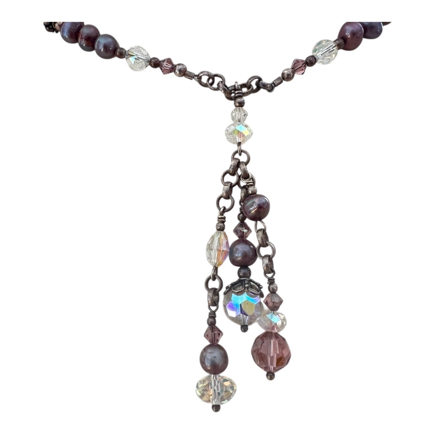 Tres Jolie Signed Sterling Silver Pearl & Crystal Tassel Beaded Necklace 18″
