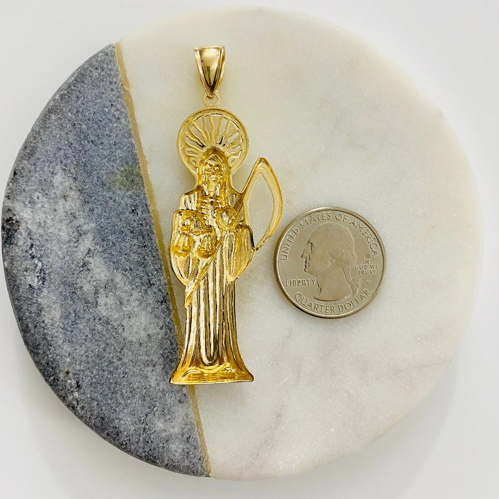 14K SOLID Gold Santa Muerte, 2.75 inches Grim Reaper Pendant, 14k Gold – PT1156