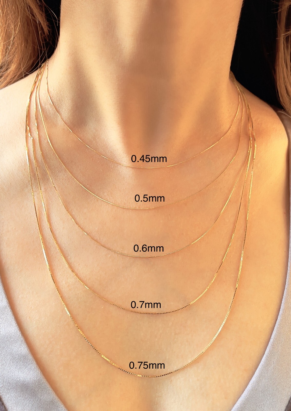 Yellow Dainty Solid Box Link Chain Sz 0.45-0.75mm Thin Box Necklace 14K Gold