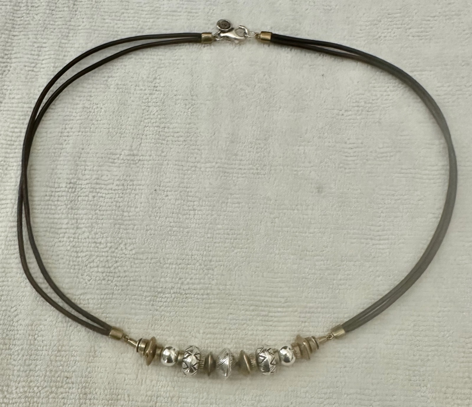 SILPADA Cluster BEADS Gold SILVER Brown LEATHER Cord .925 Sterling Necklace