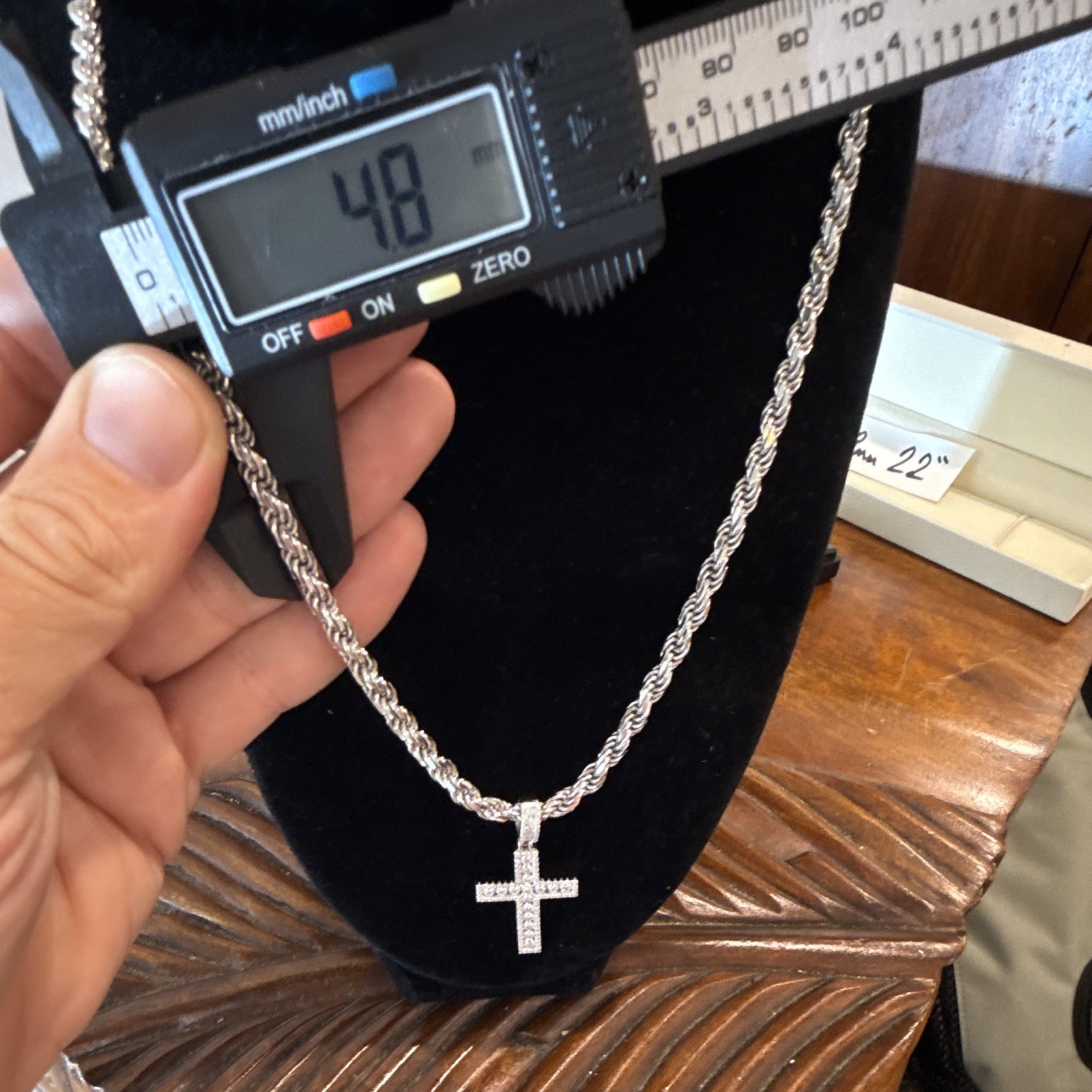 22” 4.8mm Rope Chain SOLID 925 Silver (46) w Moissanite Tennis Cross (5CTW)