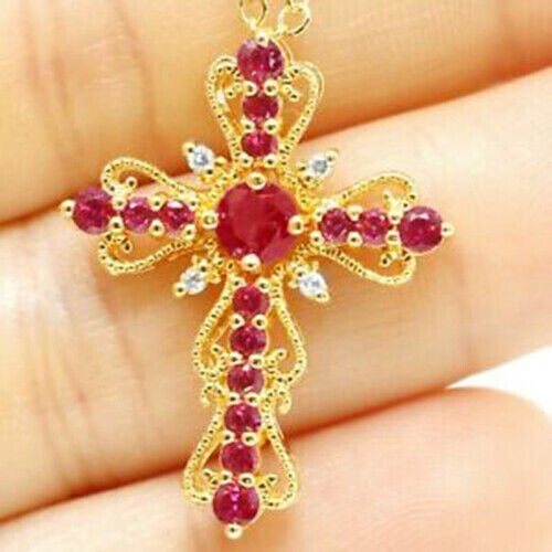 2.70Ct LabCreated Diamond Round Ruby Unique Cross Pendant 14K Yellow Gold Finish