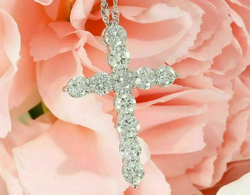 3Ct Round Cut Diamond Cross Necklace Pendant Free Chain 14K White Gold Finish