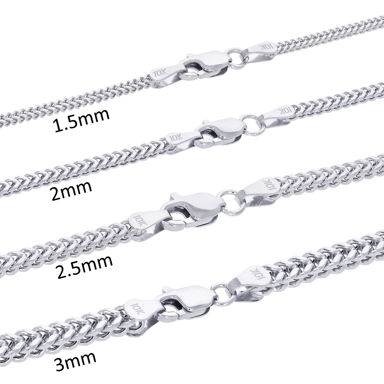 10K White Gold 1.5mm-3mm Square Wheat Box Franco Chain Pendant Necklace 16″- 30″