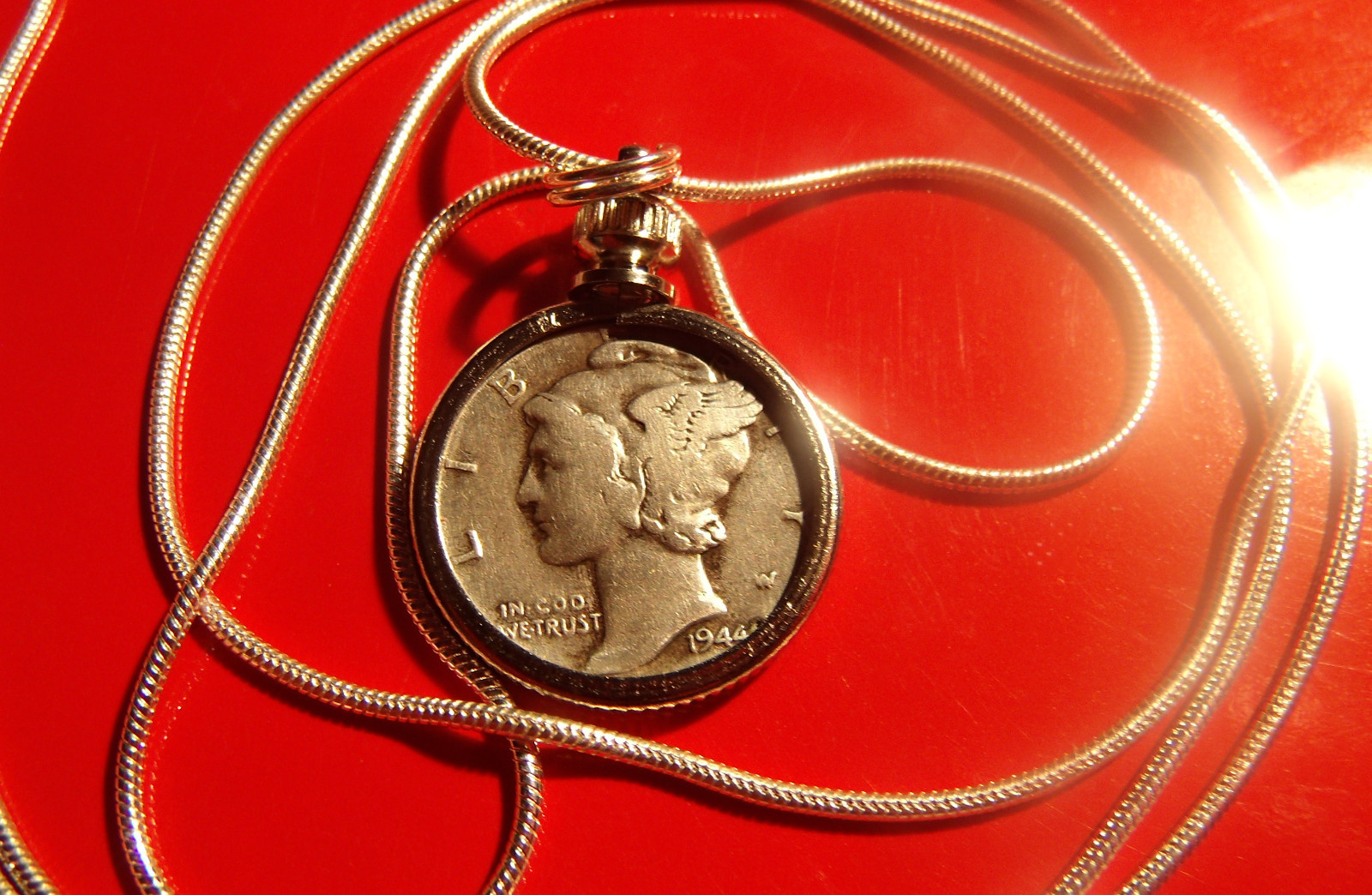 Beautiful Silver Mercury Dime Pendant on a 30″ .925 Sterling Silver Snake Chain