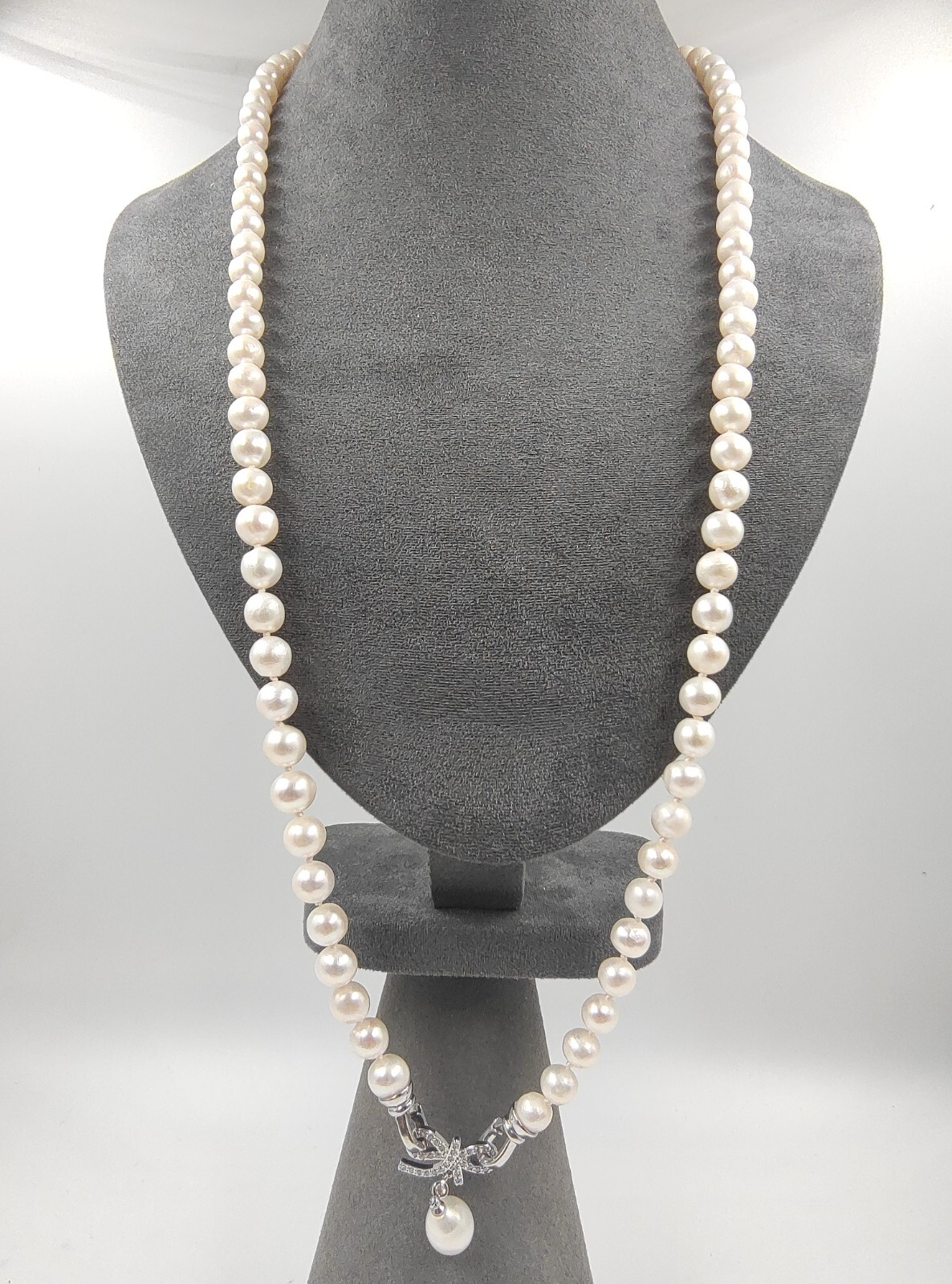 Genuine 30″ Super Luster White Natural Seawater 9mm Pearl Necklace 950 Platinum