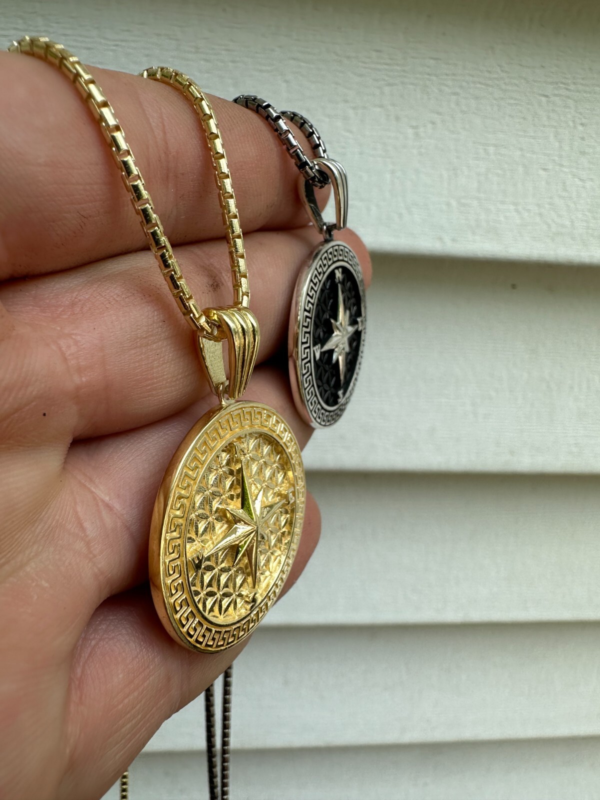 Real 925 Silver / 14k Gold Plated North Star Compass Medallion Pendant Necklace