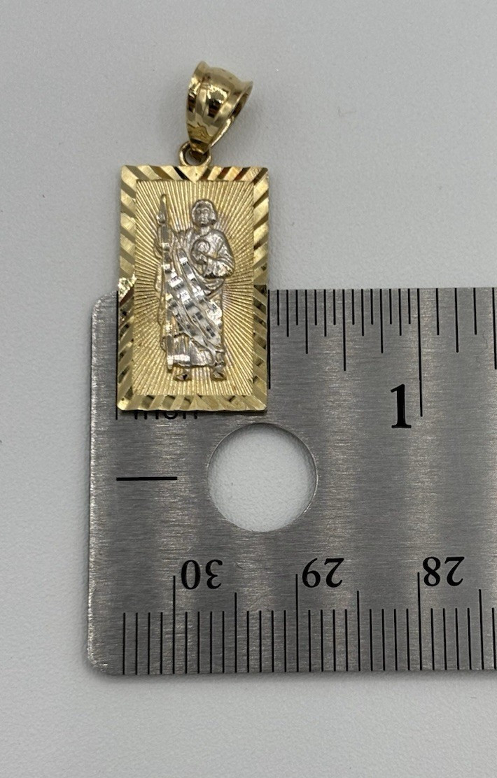 14K Yellow Gold San Judas Religious Pendant Diamond Cut Rectangle 1.22″ 1.94g