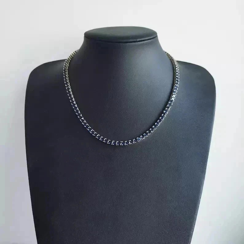 15 Ct Round Cut Lab-Created Blue Sapphire Tennis Necklace 14K White Gold Plated