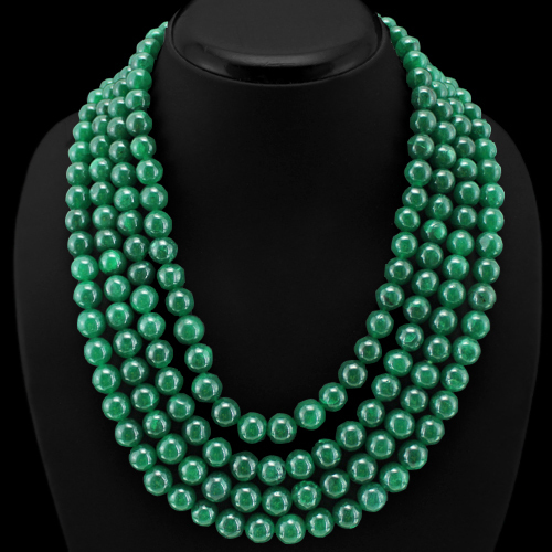 WONDERFUL STRIKING 1108.00 CTS EARTH MINED 4 LINE GREEN EMERALD BEADS NECKLACE