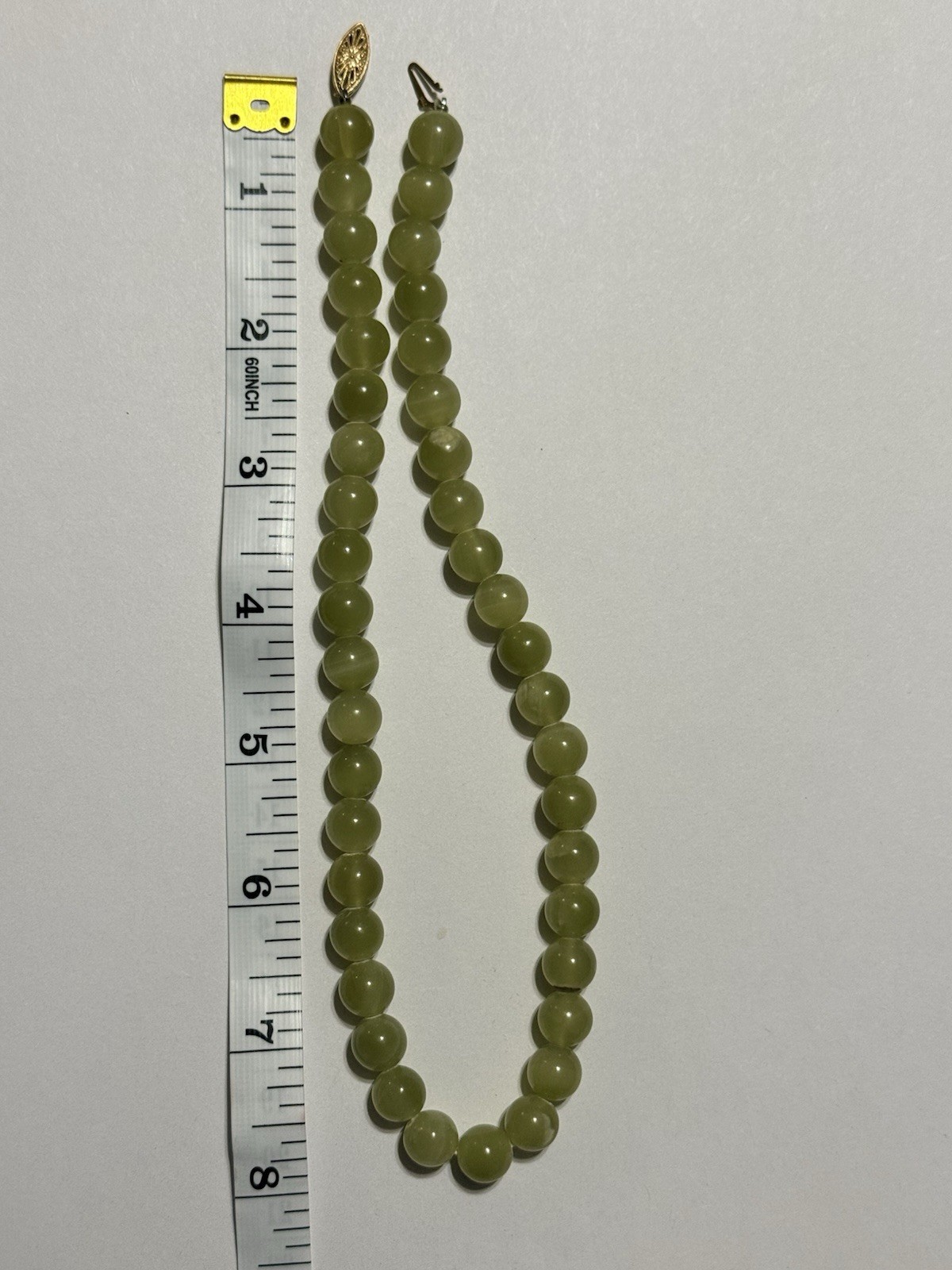 Vintage Jade Beaded Necklace With 14k Gold Fish Hook Clasp- 16 Inches-