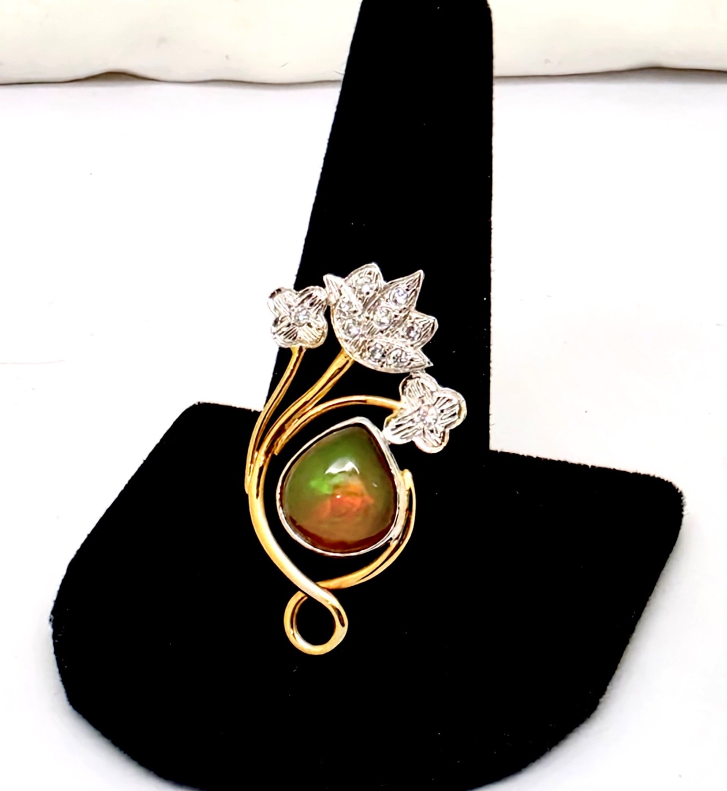 VINTAGE 14K WHITE/YELLOW GOLD OPAL & DIAMONDS SLIDE PENDANT,1 3/8″