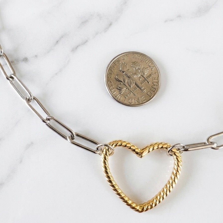 Paper Clip Oval Link Chain Heart Necklace 14K Two-Tone Gold Plated 925 Silver