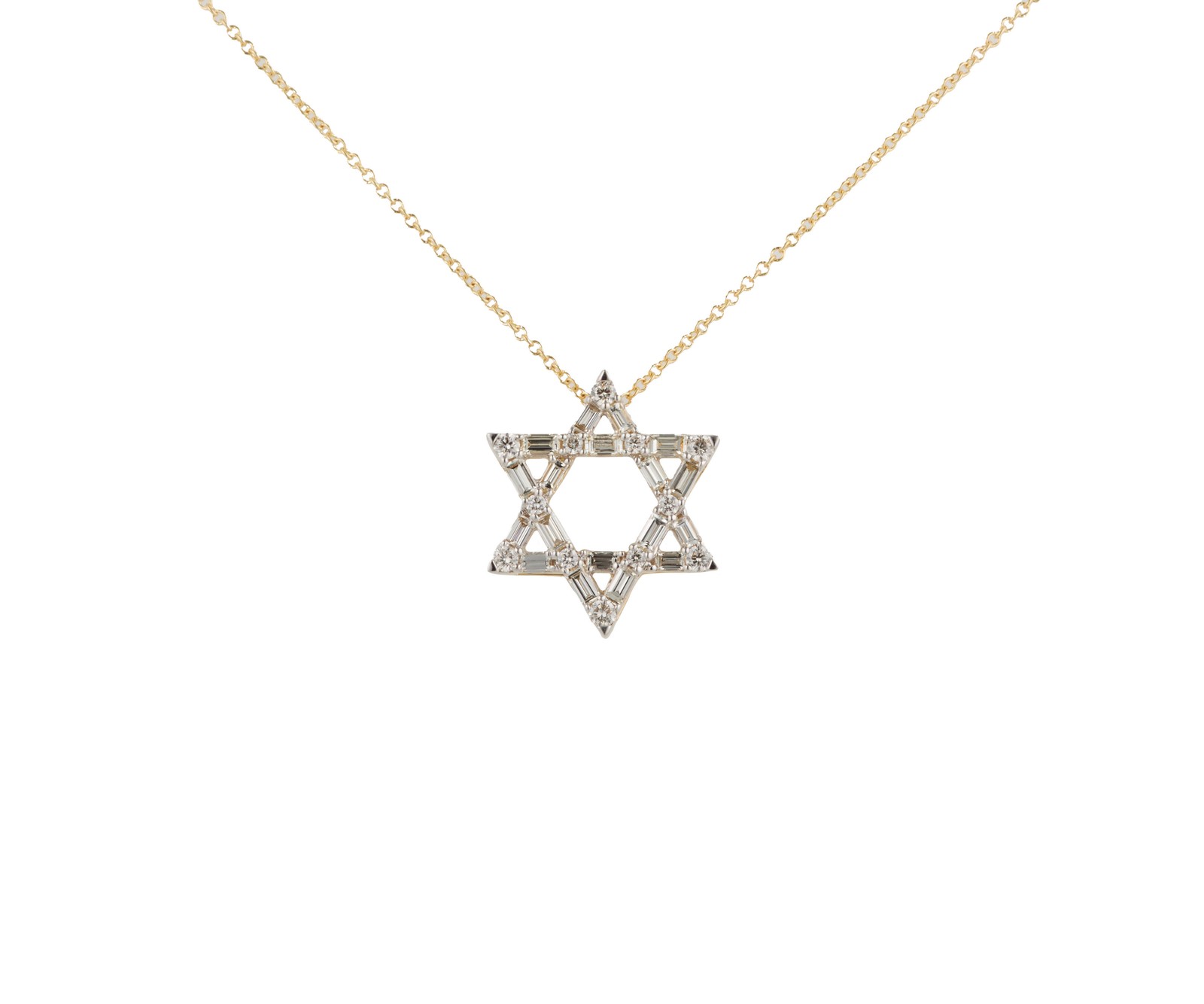 New 0.78ctw Baguette and Round Diamond Star of David Pendant Necklace in 14K