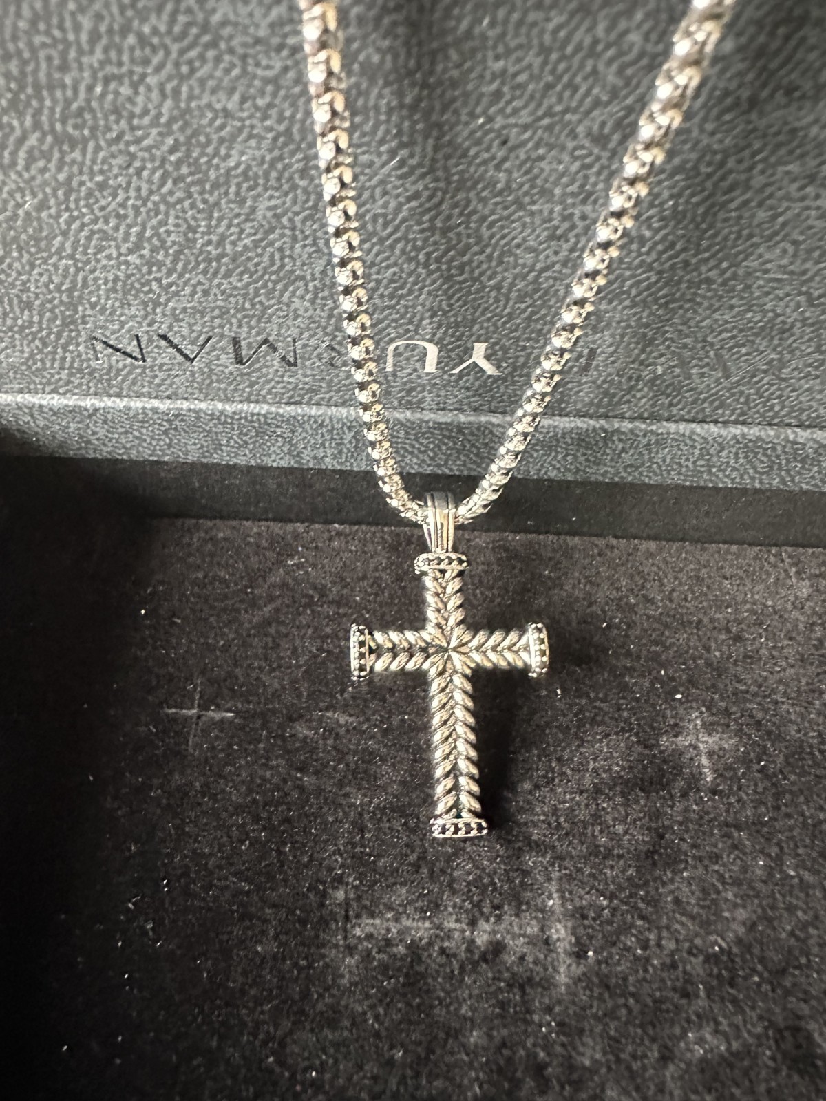 David Yurman Sterling Silver / Black Diamonds Chevron Cross Pendant Length 22″