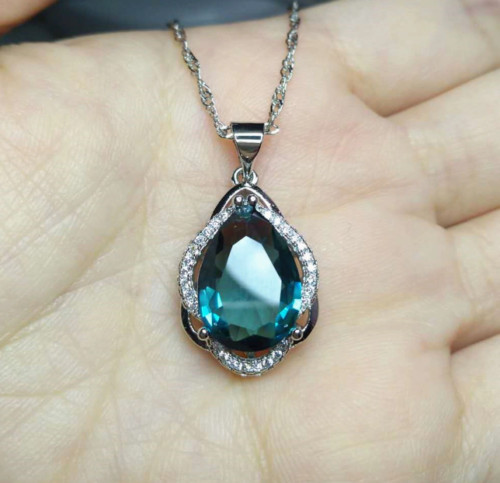 3 Ct Pear Cut London Blue Topaz Halo Pendant 14k White Gold Finish Free Chain