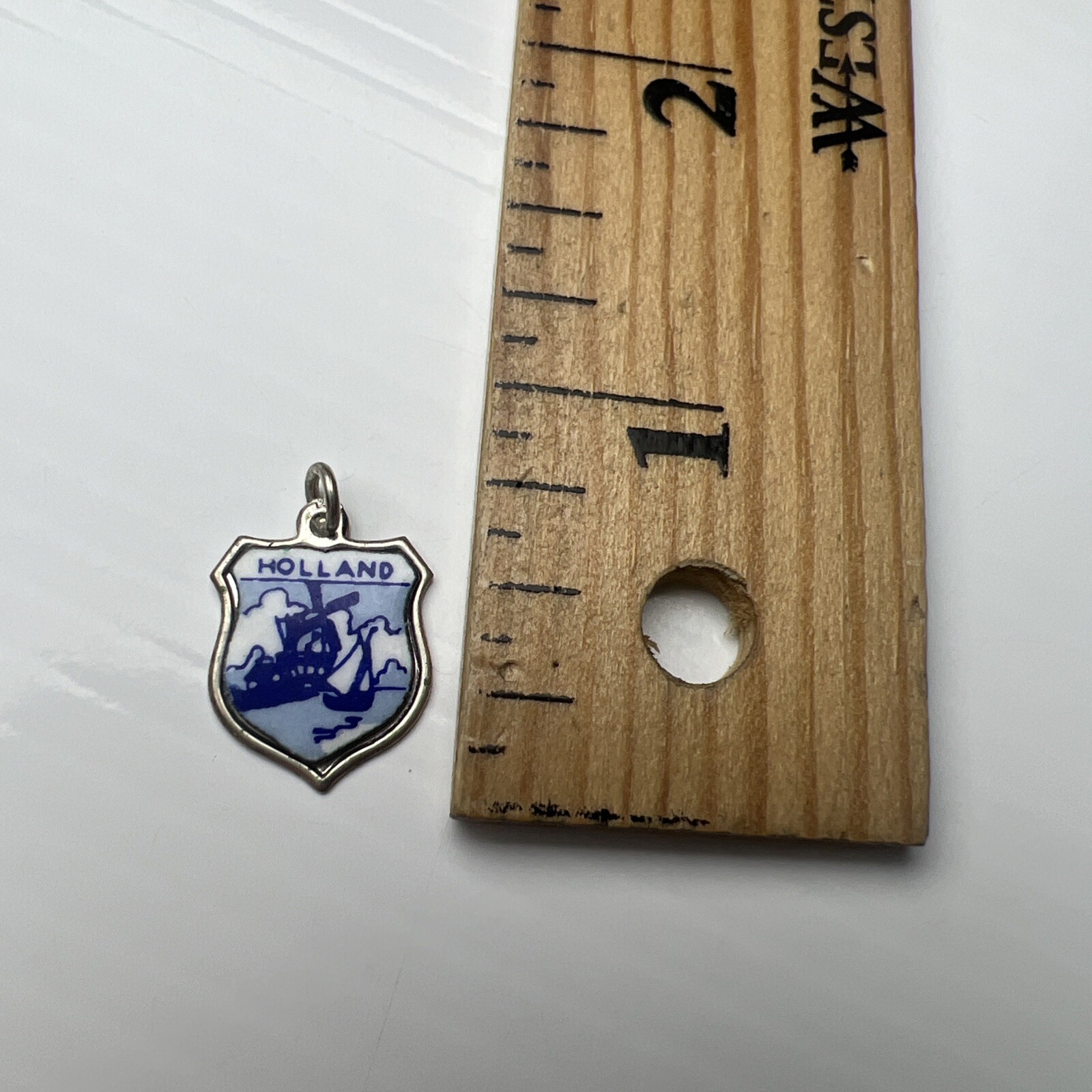 835 Sterling Silver Retro Pendant Charm Holland Enamel Windmill Blue Shield